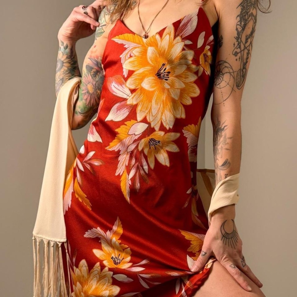 Forever 21 Red Floral Midi Slip Dress Small | Y2K‎ Silky Summer Dress - Picture 2 of 6